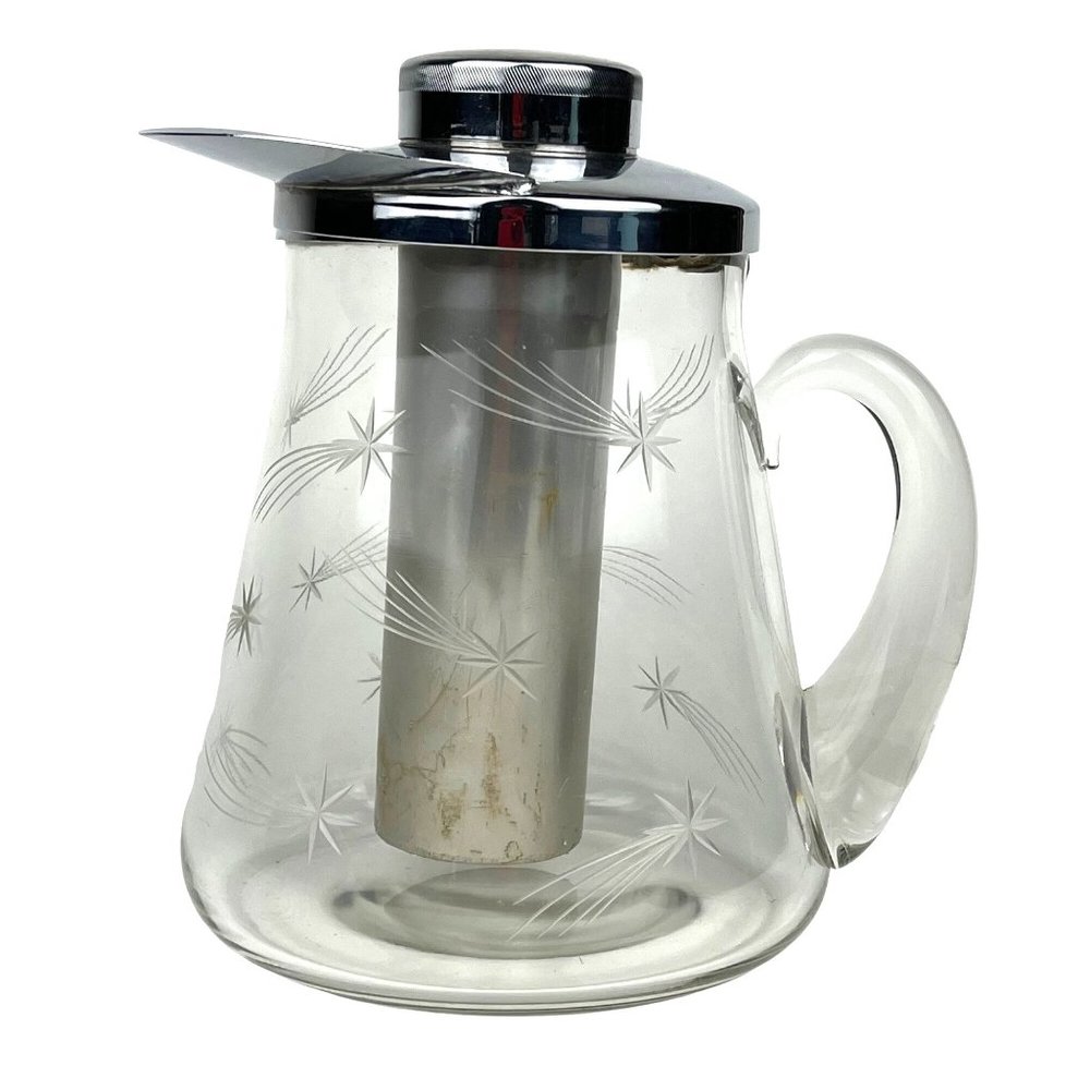 Vintage Etched Clear Glass Starburst Pitcher with Ice Chamber